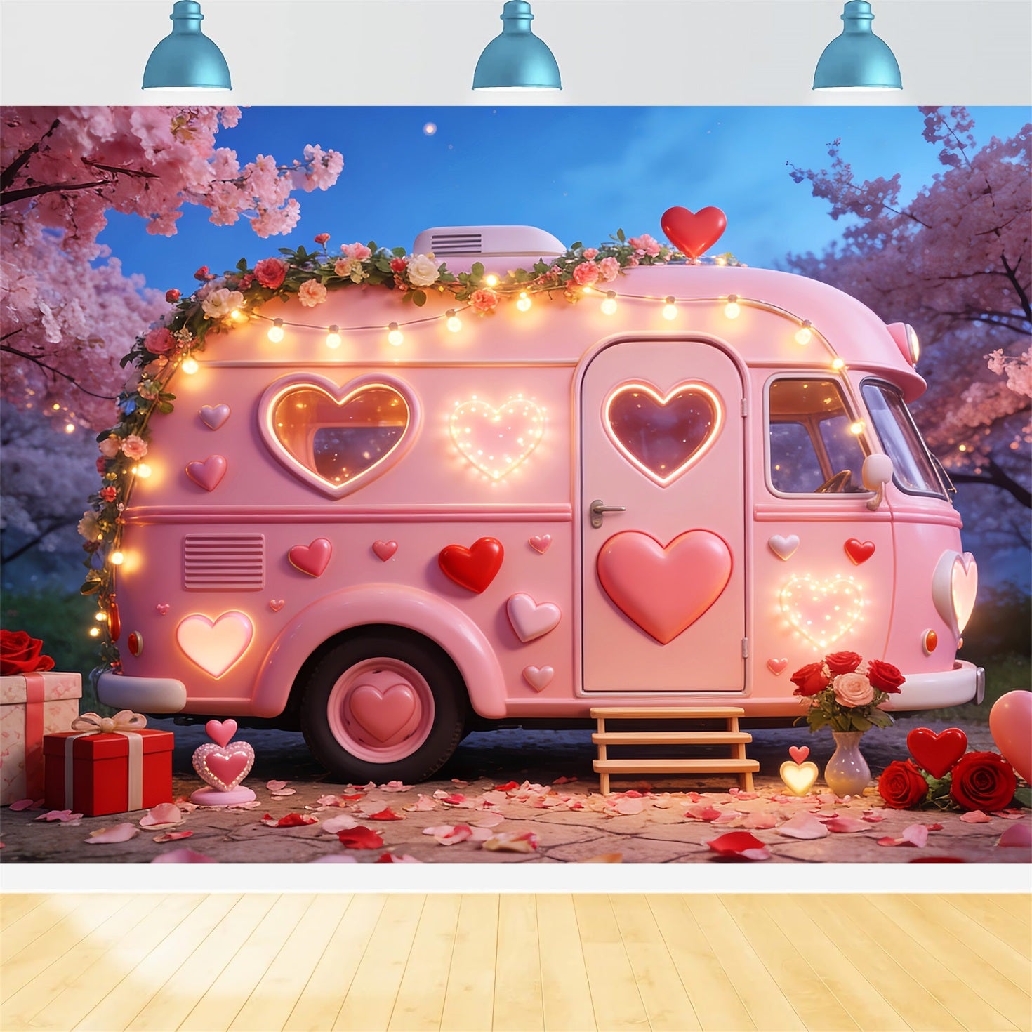Romantic Backdrops Camper Glow Gift Boxes Pink Heart Backdrop LXX512-84