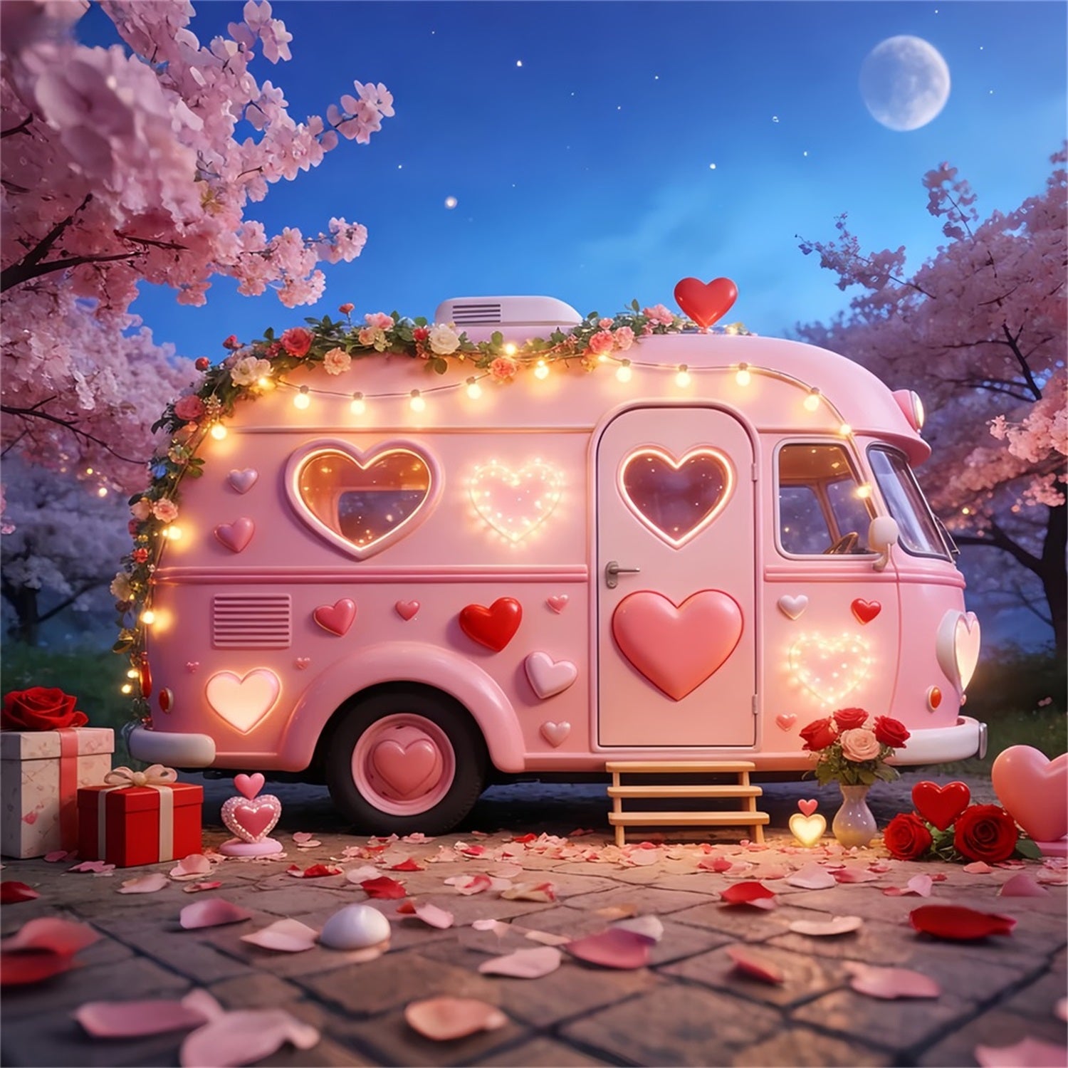 Romantic Backdrops Camper Glow Gift Boxes Pink Heart Backdrop LXX512-84