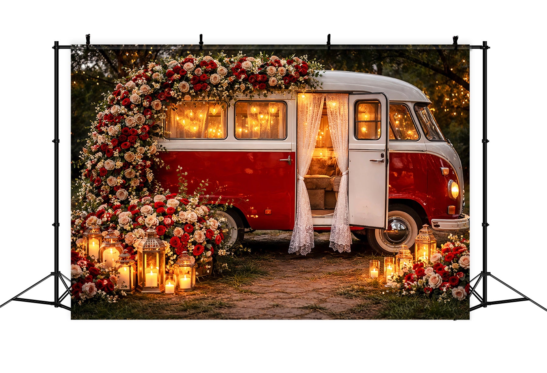 Red Rose Backdrop Vintage Lantern Camper Romance Glitter Valentine Backdrop LXX512-85