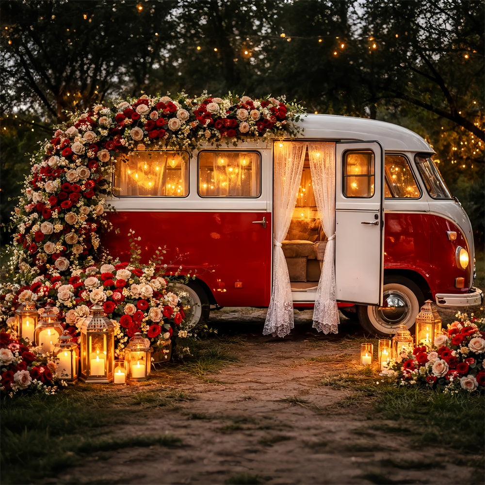 Red Rose Backdrop Vintage Lantern Camper Romance Glitter Valentine Backdrop LXX512-85