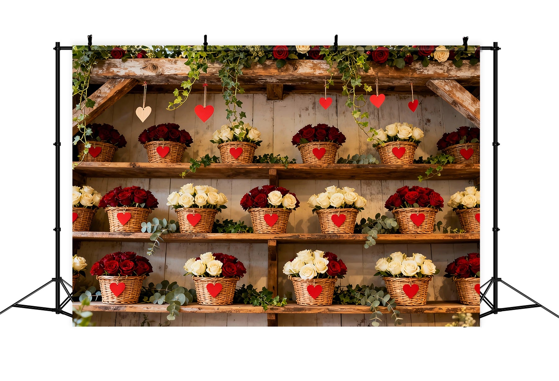 Simple Valentine Backdrop Rustic Floral Basket Wall Red Roses Backdrop LXX512-86
