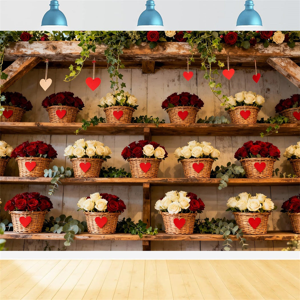 Simple Valentine Backdrop Rustic Floral Basket Wall Red Roses Backdrop LXX512-86