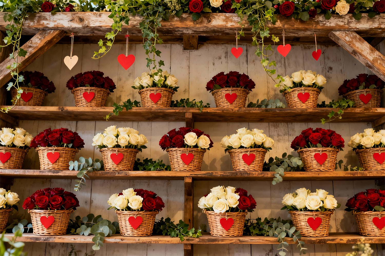 Simple Valentine Backdrop Rustic Floral Basket Wall Red Roses Backdrop LXX512-86