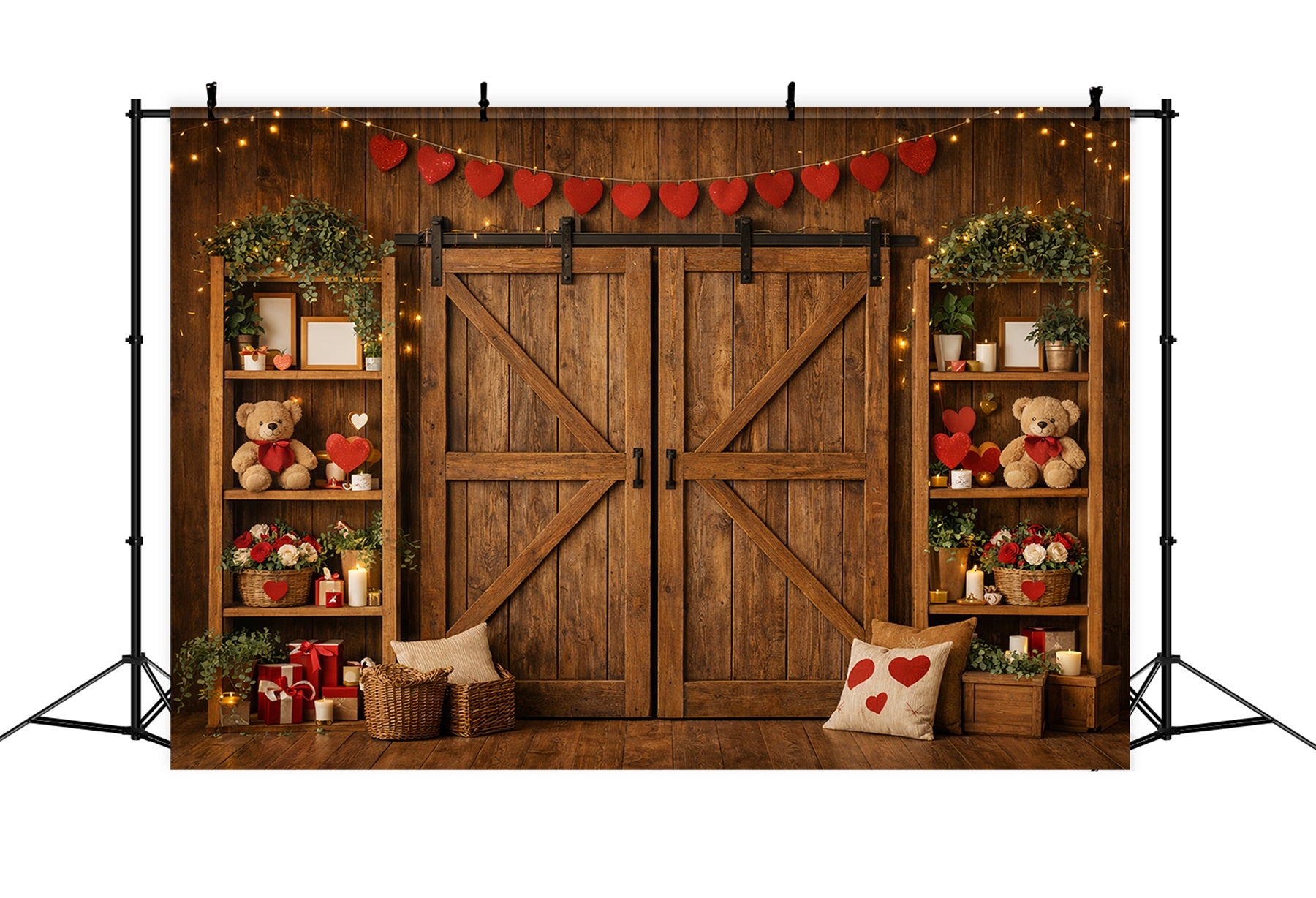 Heart Garland Backdrop Wooden Barn Door Teddy Bears Valentine's Day Backdrop LXX512-89