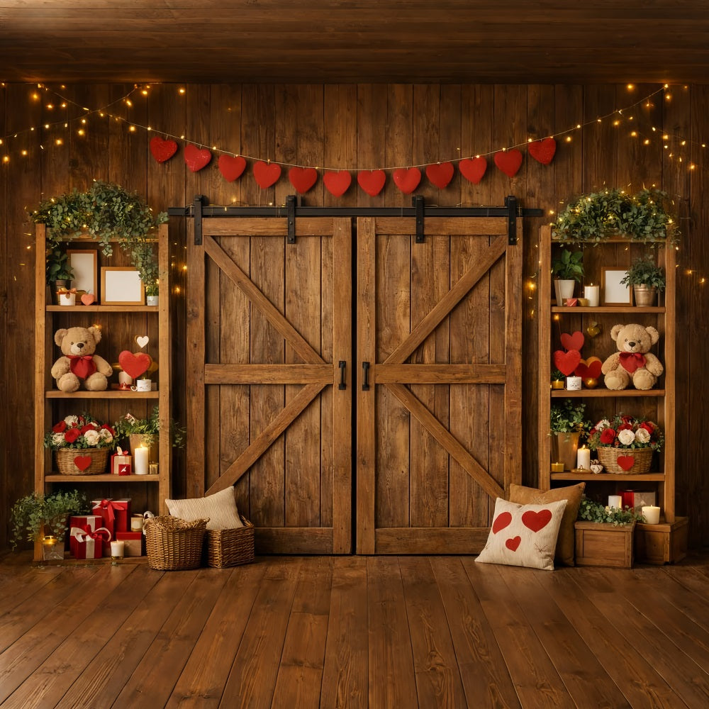 Heart Garland Backdrop Wooden Barn Door Teddy Bears Valentine's Day Backdrop LXX512-89