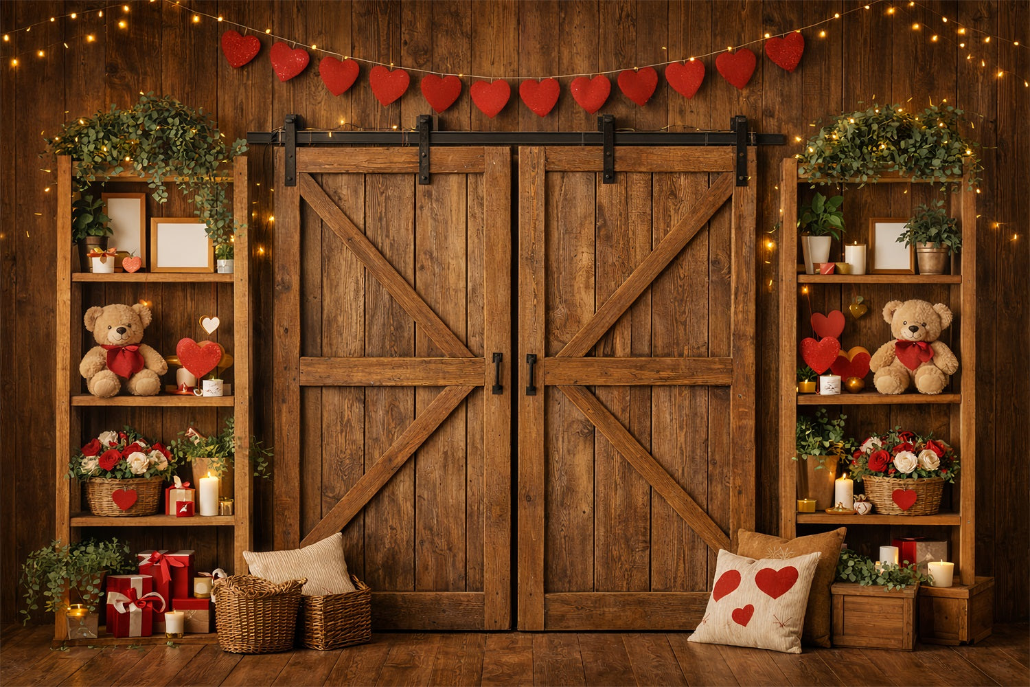 Heart Garland Backdrop Wooden Barn Door Teddy Bears Valentine's Day Backdrop LXX512-89