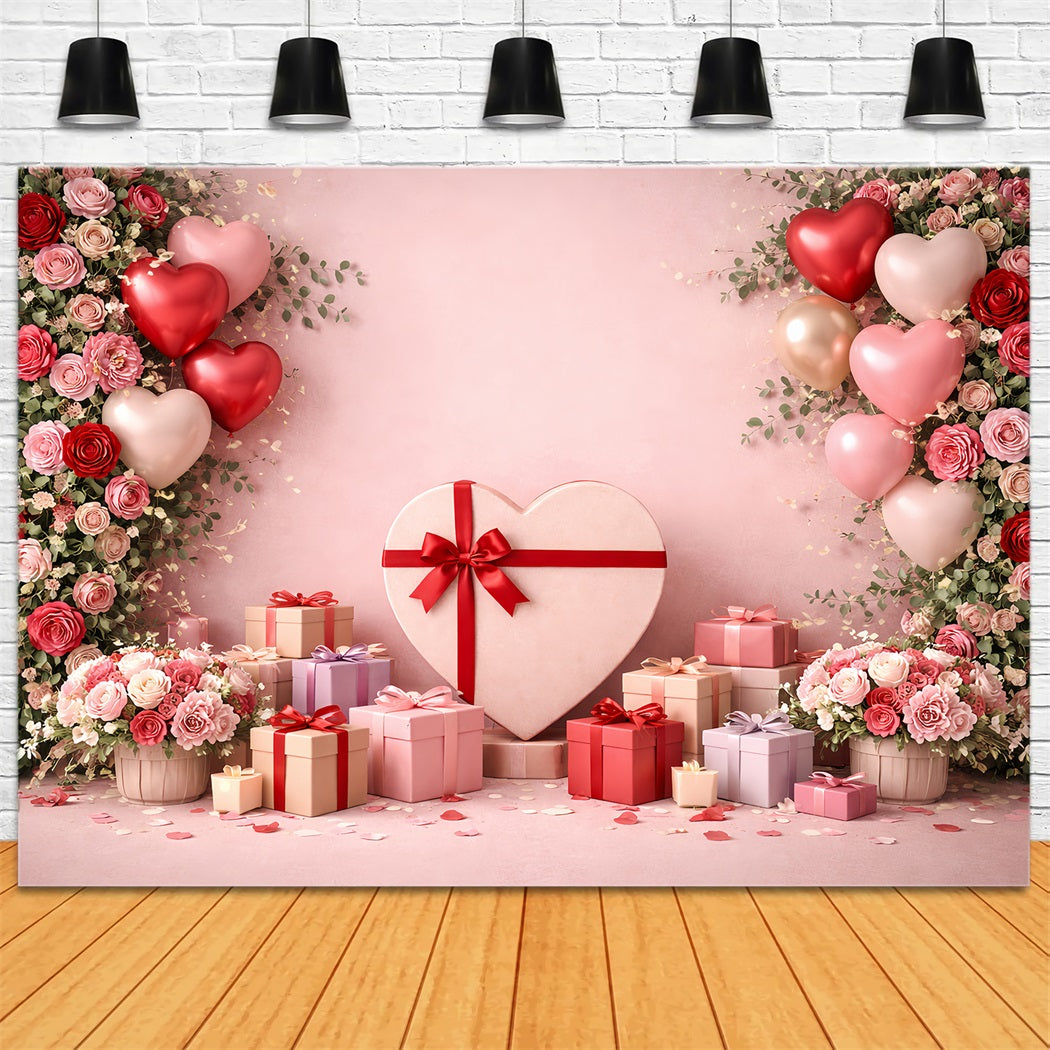 Pink Valentine Backdrop Heart Balloons Gift Boxes Love Backdrops LXX512-90