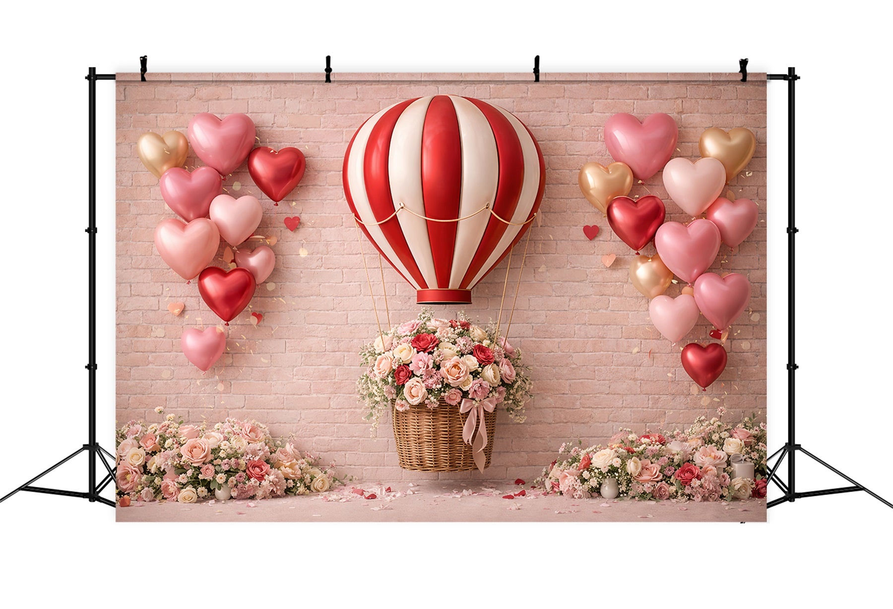 Heart Balloon Backdrop Brick Wall Romantic Roses Pink Valentine Backdrop LXX512-91