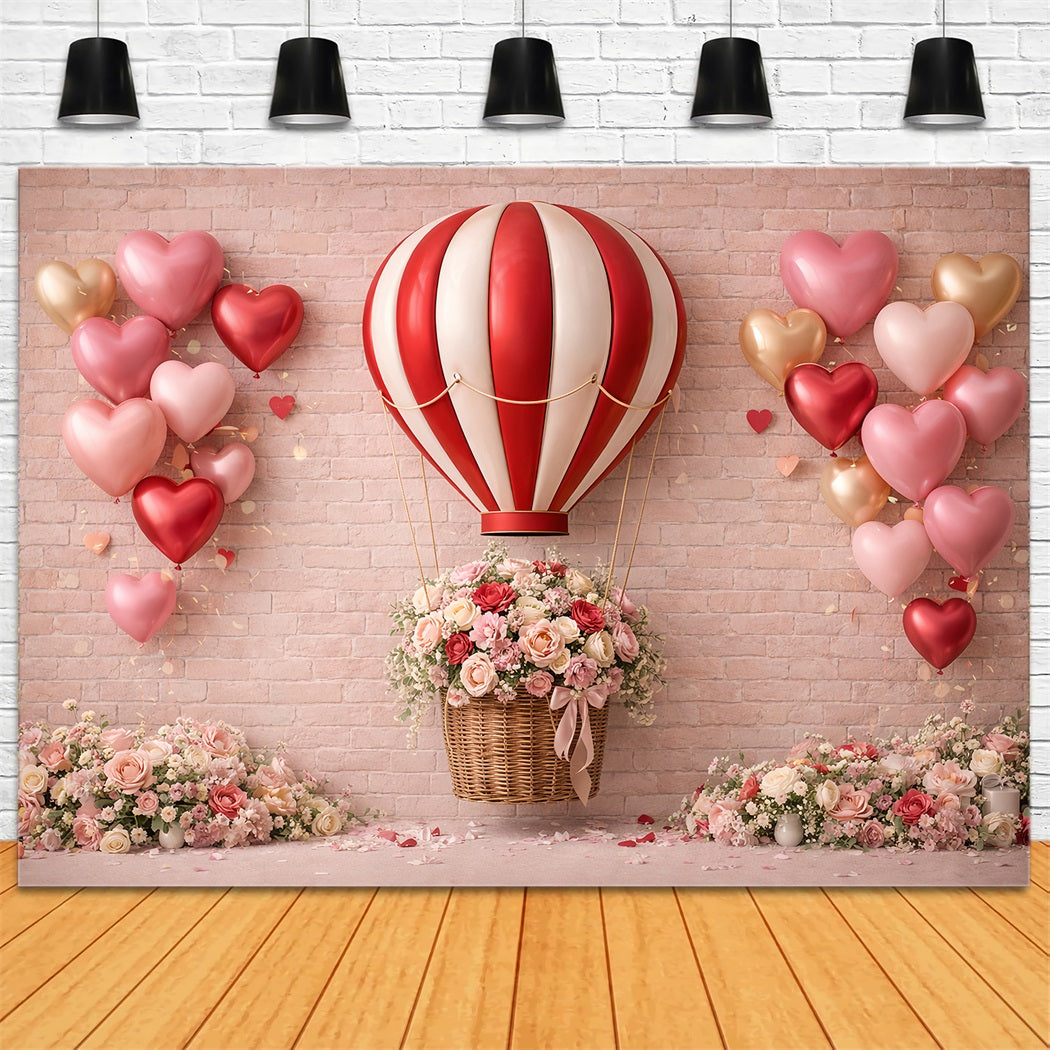 Heart Balloon Backdrop Brick Wall Romantic Roses Pink Valentine Backdrop LXX512-91