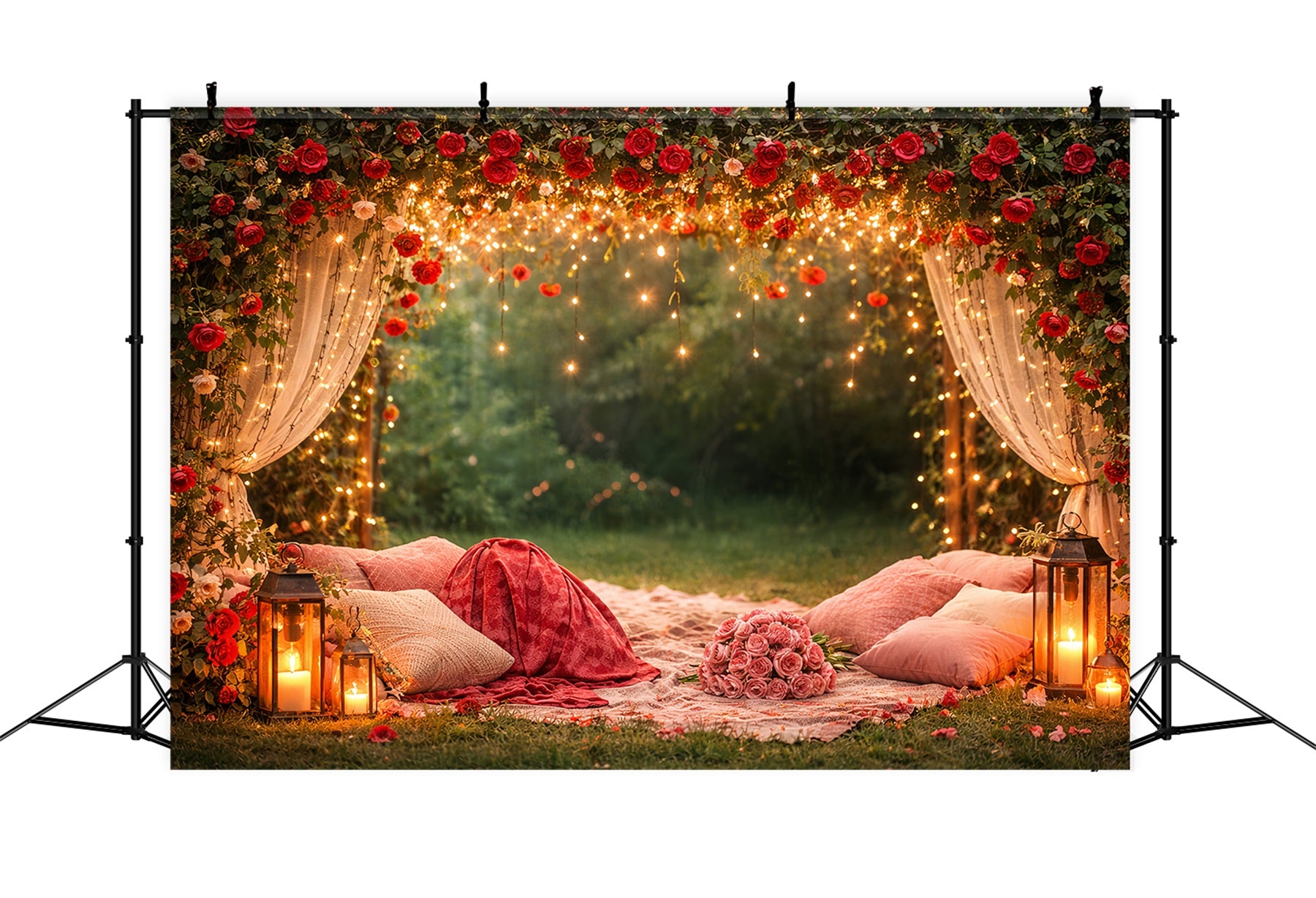 Red Rose Backdrop Twinkle Draped Canopy Floral Arch Valentine's Day Backdrop LXX512-93