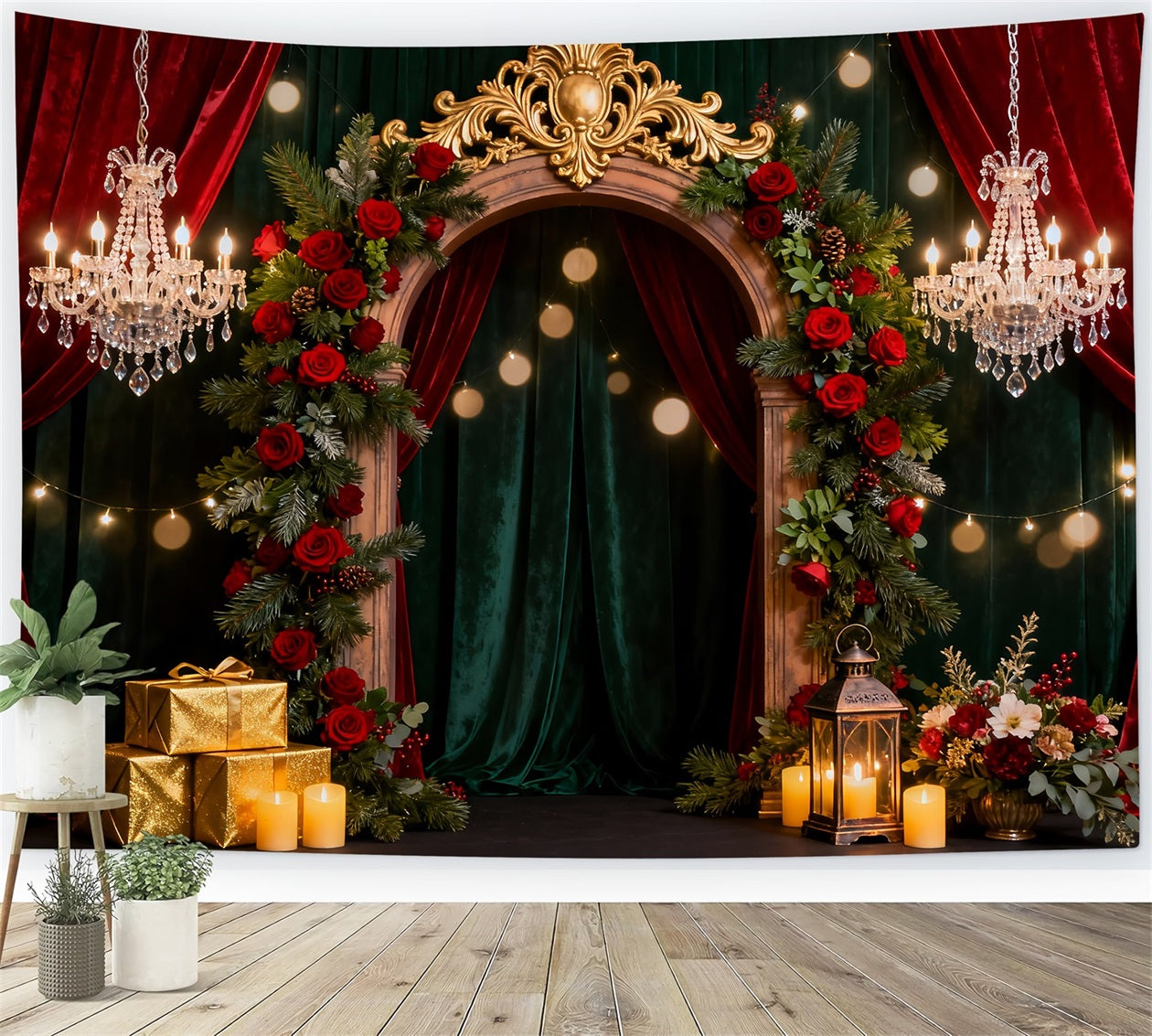 Romantic Backdrop Opulent Rose Arch Elegance Gift Box Valentine Backdrop LXX512-94