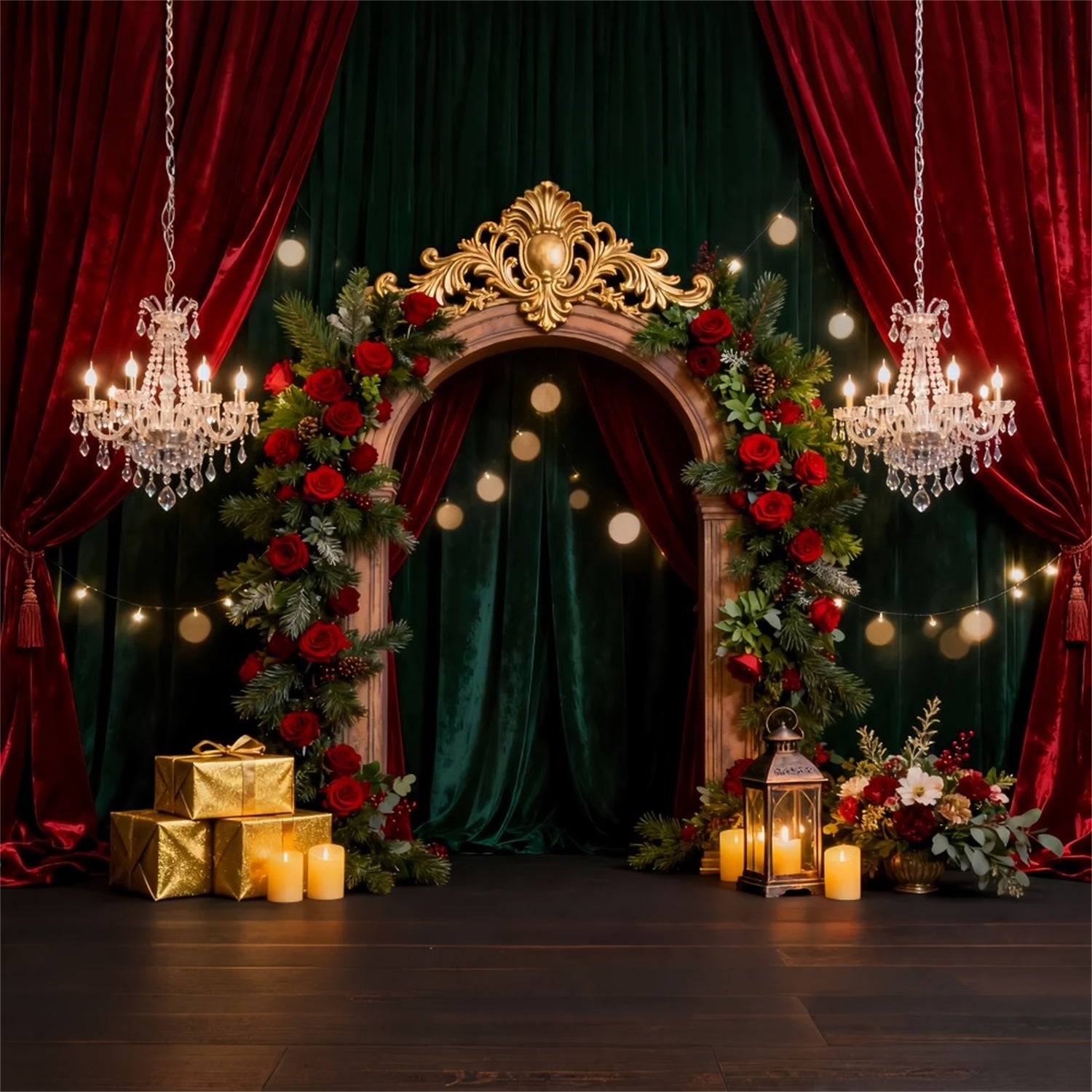 Romantic Backdrop Opulent Rose Arch Elegance Gift Box Valentine Backdrop LXX512-94