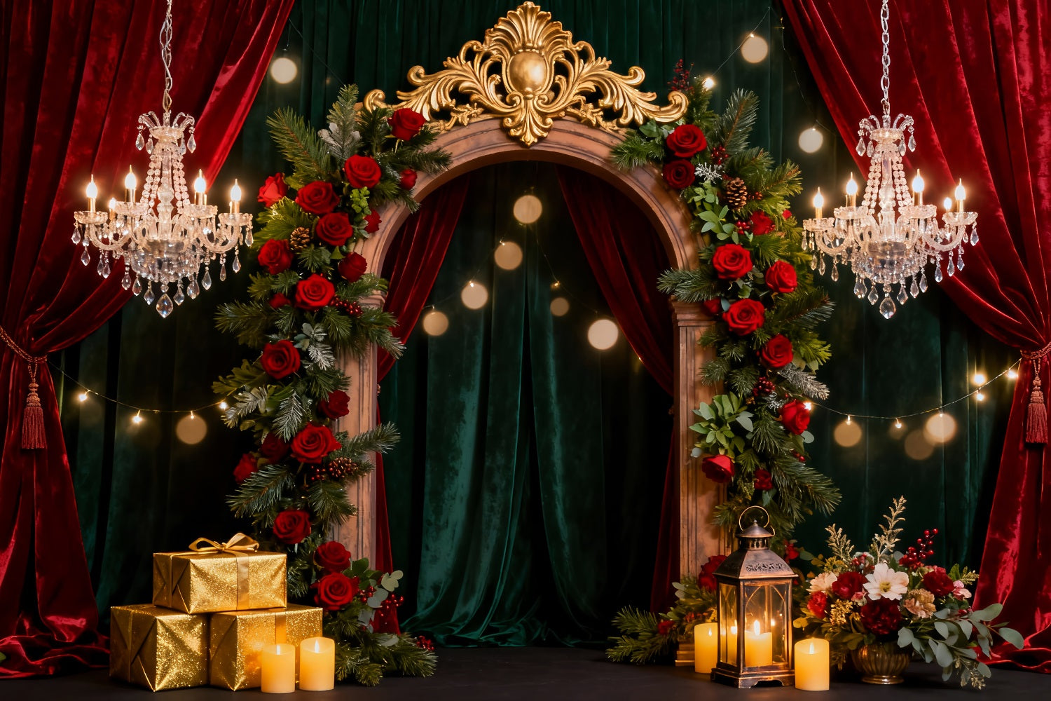 Romantic Backdrop Opulent Rose Arch Elegance Gift Box Valentine Backdrop LXX512-94