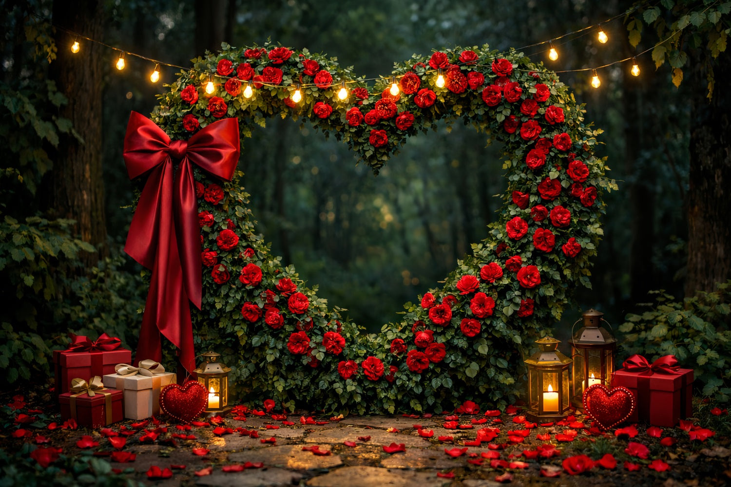 Red Rose Heart Backdrop Forest Flower Archway Gift Box Valentine Backdrop LXX512-96