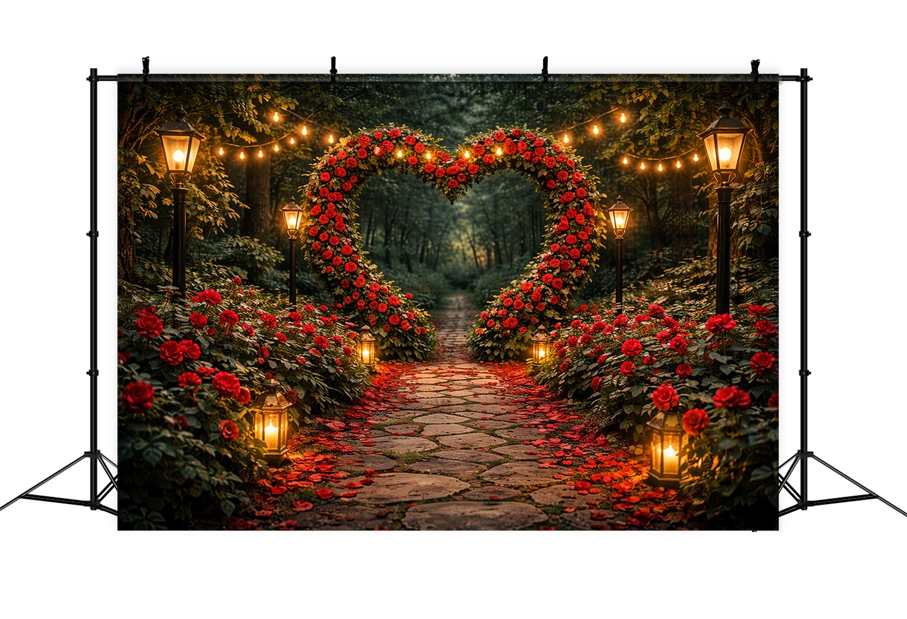 Red Rose Backdrop Garden Lantern Heart Pathway Floral Arch Valentine Backdrop LXX512-97
