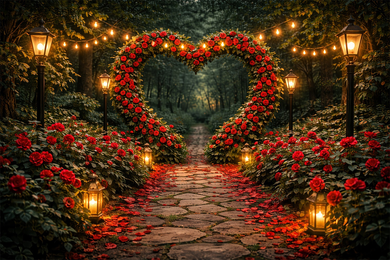 Red Rose Backdrop Garden Lantern Heart Pathway Floral Arch Valentine Backdrop LXX512-97