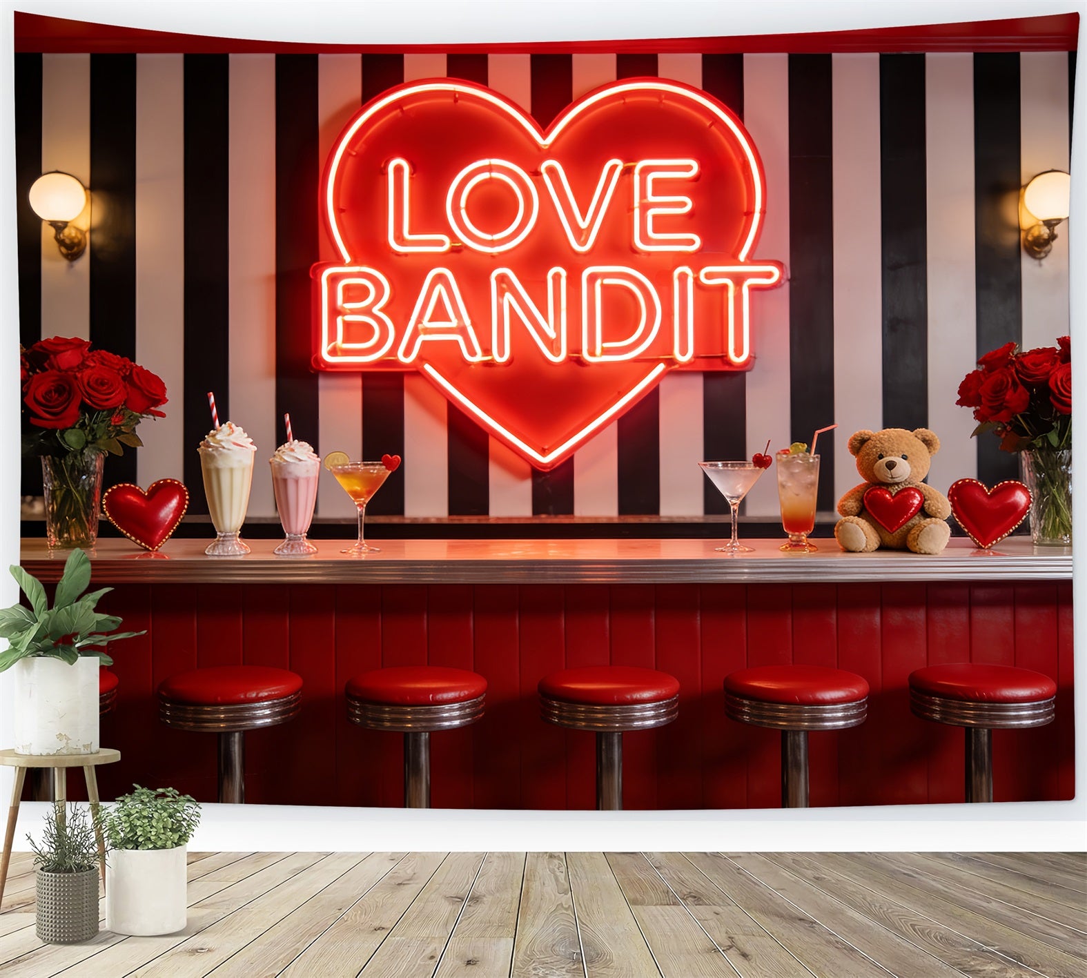 90s Valentine's Day Backdrop Neon Love Diner Bar Heart Backdrop LXX512-98