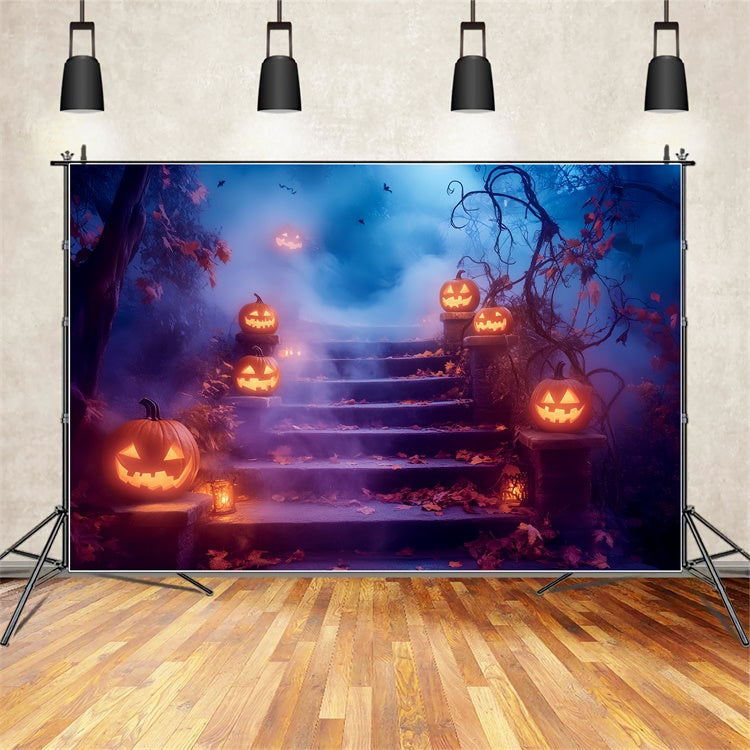 Scary Halloween Backdrop Glowing Pumpkin Stairway Backdrop LXX57-105