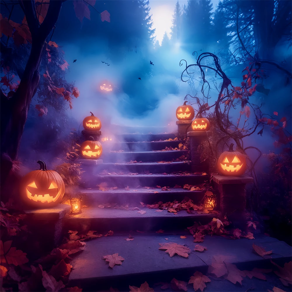 Scary Halloween Backdrop Glowing Pumpkin Stairway Backdrop LXX57-105