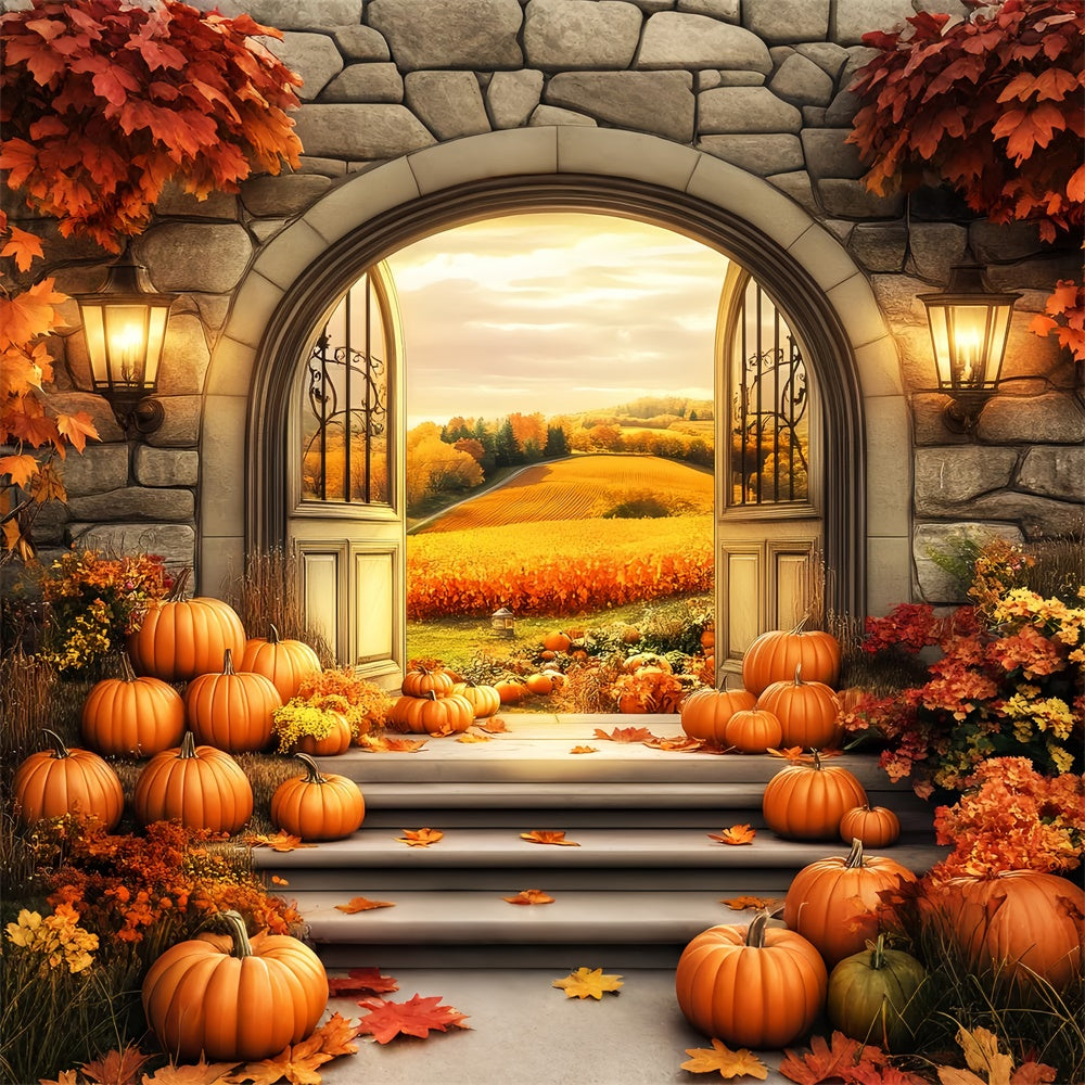 Fall Photo Backdrop Golden Fields Stone Arch Backdrop LXX57-158