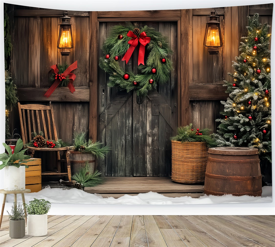Vintage Christmas Backdrop Wooden Cabin Wreath Backdrop LXX57-195