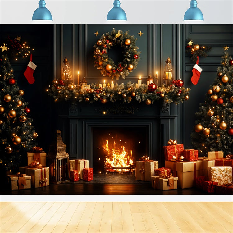 Vintage Christmas Backdrop Festive Wreath Mantel Backdrop LXX57-228