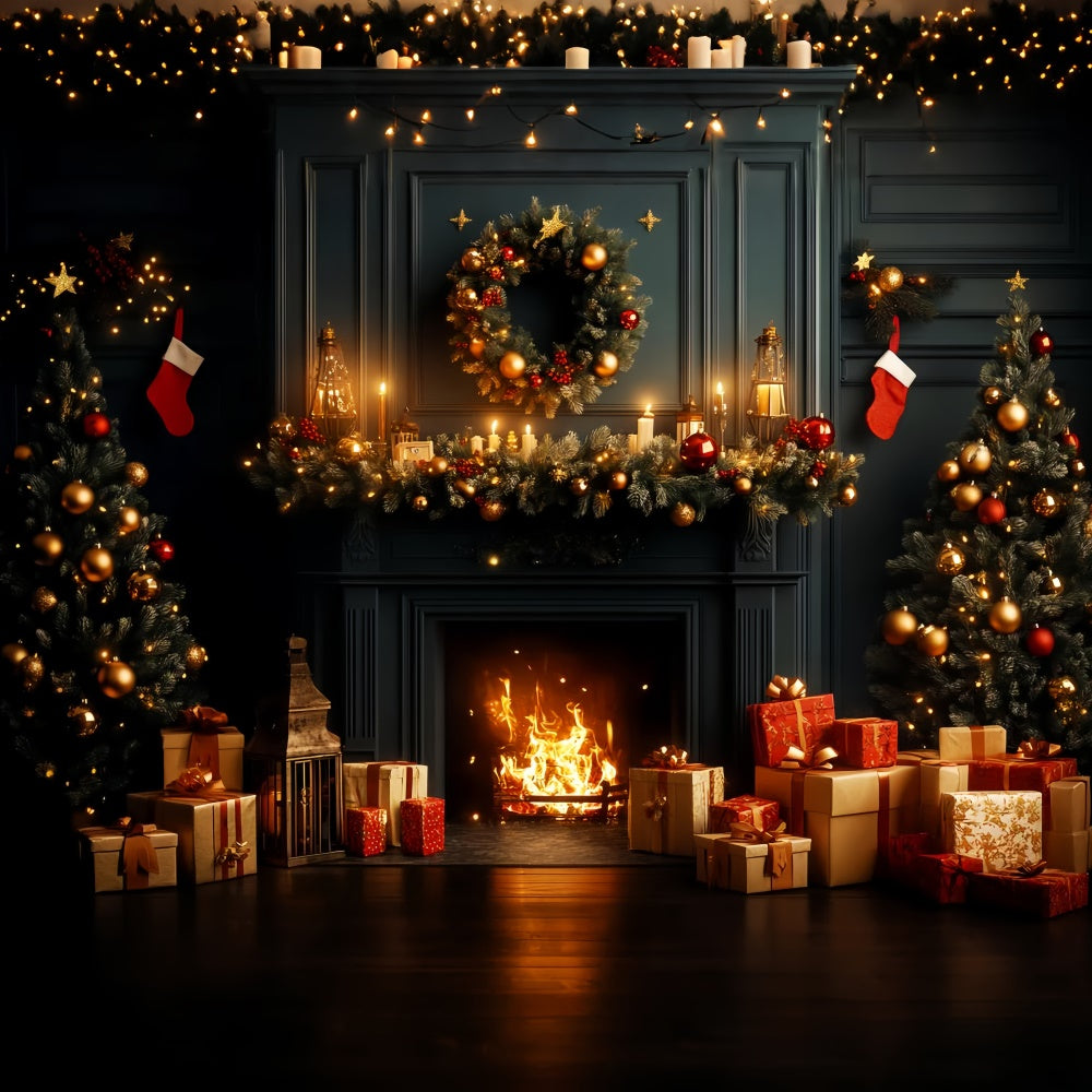Vintage Christmas Backdrop Festive Wreath Mantel Backdrop LXX57-228