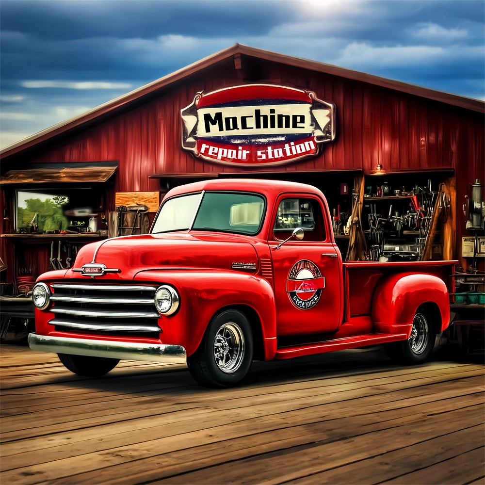 Retro Photo Backdrop Red Garage Truck Vintage Backdrop LXX57-229