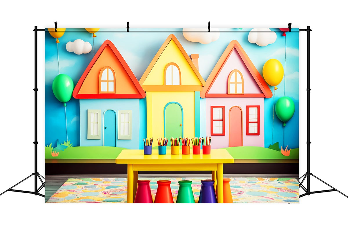 Back To School Backdrops Colorful Cottage Balloon Backdrop LXX57-28