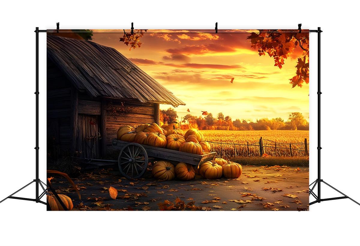 Happy Thanksgiving Backdrop Pumpkin Cart Glow Sunset Backdrop LXX57-327