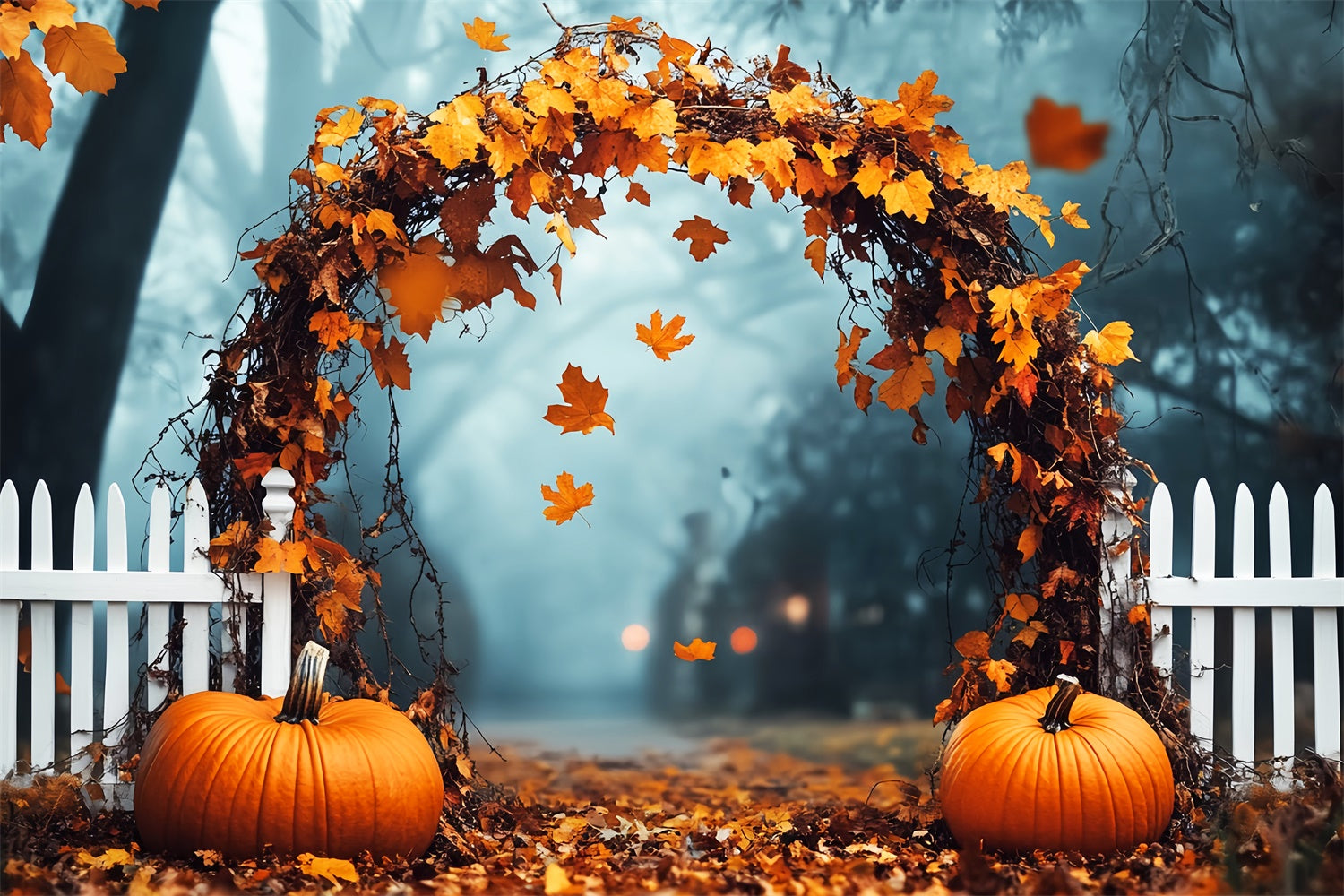 Backdrop For Thanksgiving Pumpkin Path Misty Forest Backdrop LXX57-332
