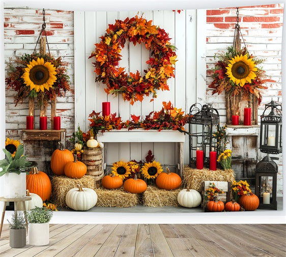 Fall Thanksgiving Backdrop Wreath Sunflower Brick Backdrop LXX57-342