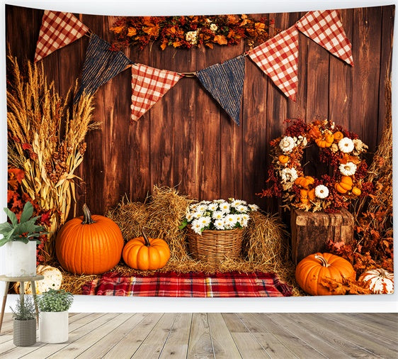 Thanksgiving Photo Backdrop Plaid Banner Harvest Backdrop LXX57-352
