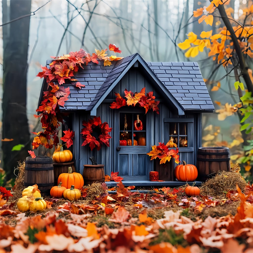 Backdrop Thanksgiving Woodland Pumpkin Cottage Backdrop LXX57-359