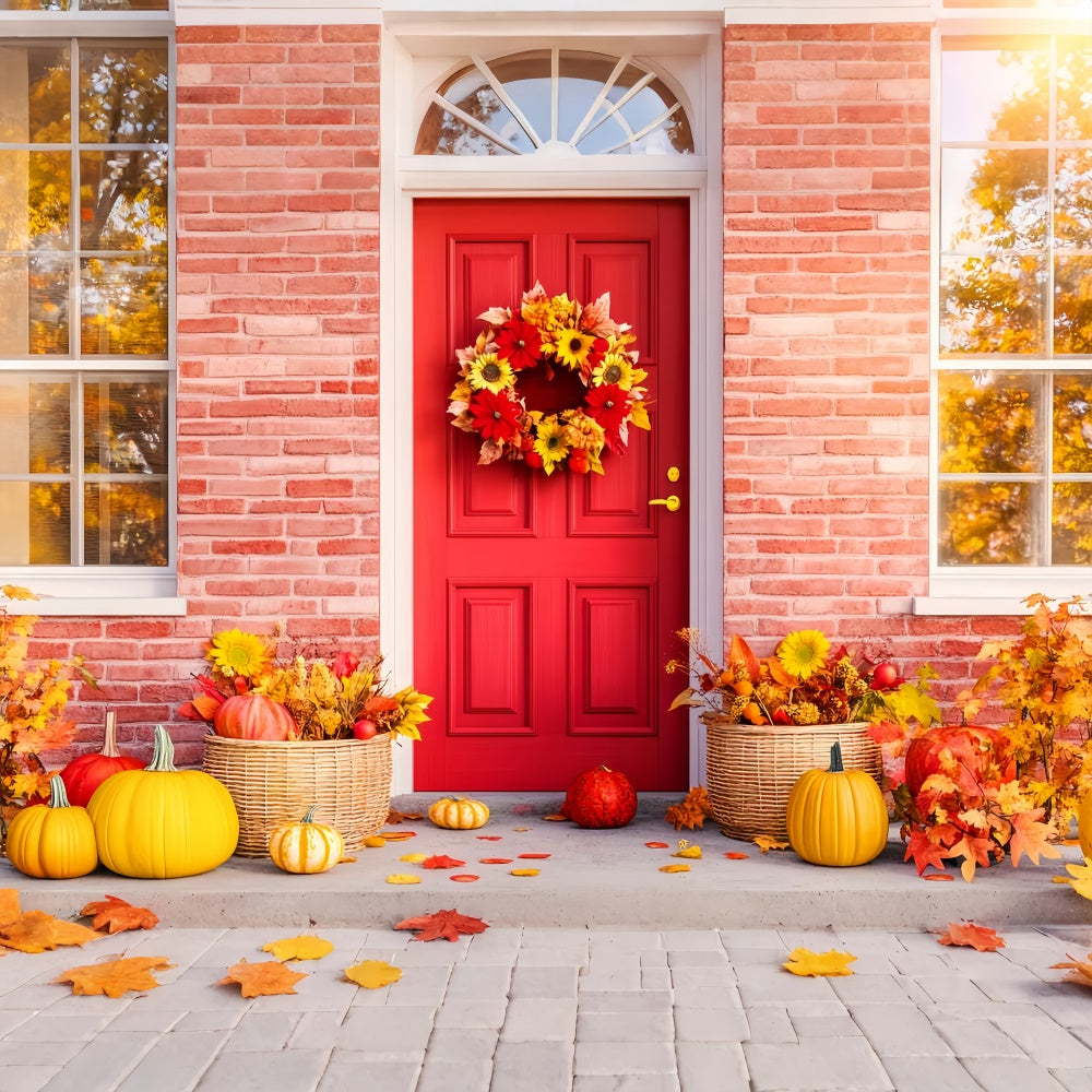 Fall Thanksgiving Backdrop Red Door Porch Autumn Backdrop LXX57-362
