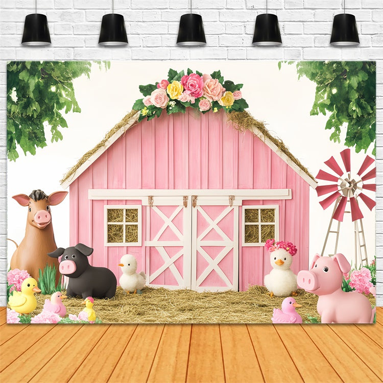 Pink Barn Backdrop Farm Fun Birthday Barn Backdrop LXX57-374