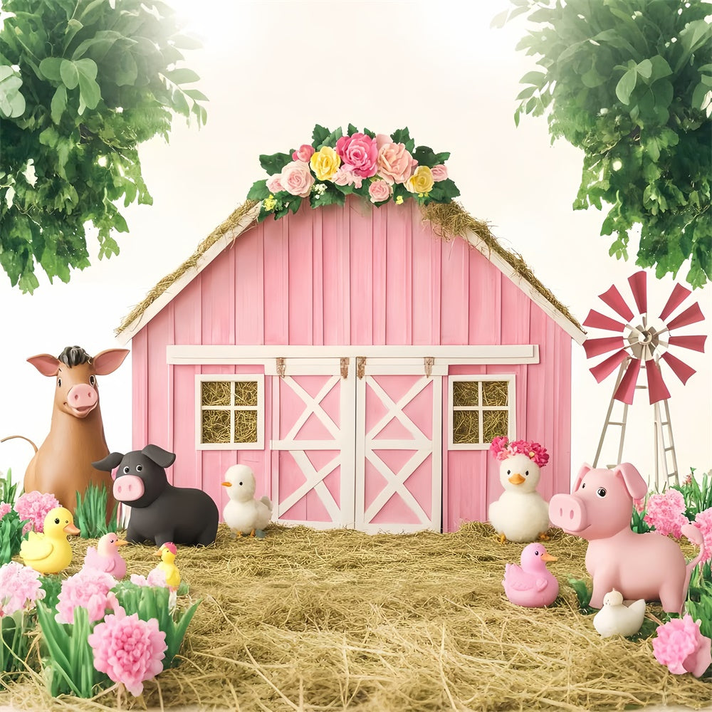 Pink Barn Backdrop Farm Fun Birthday Barn Backdrop LXX57-374