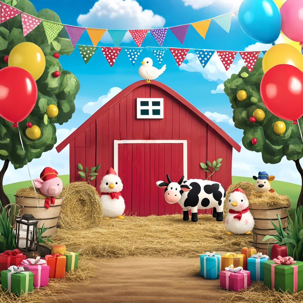 Barn Photo Backdrop Cartoon Farm Party Backdrop LXX57-379