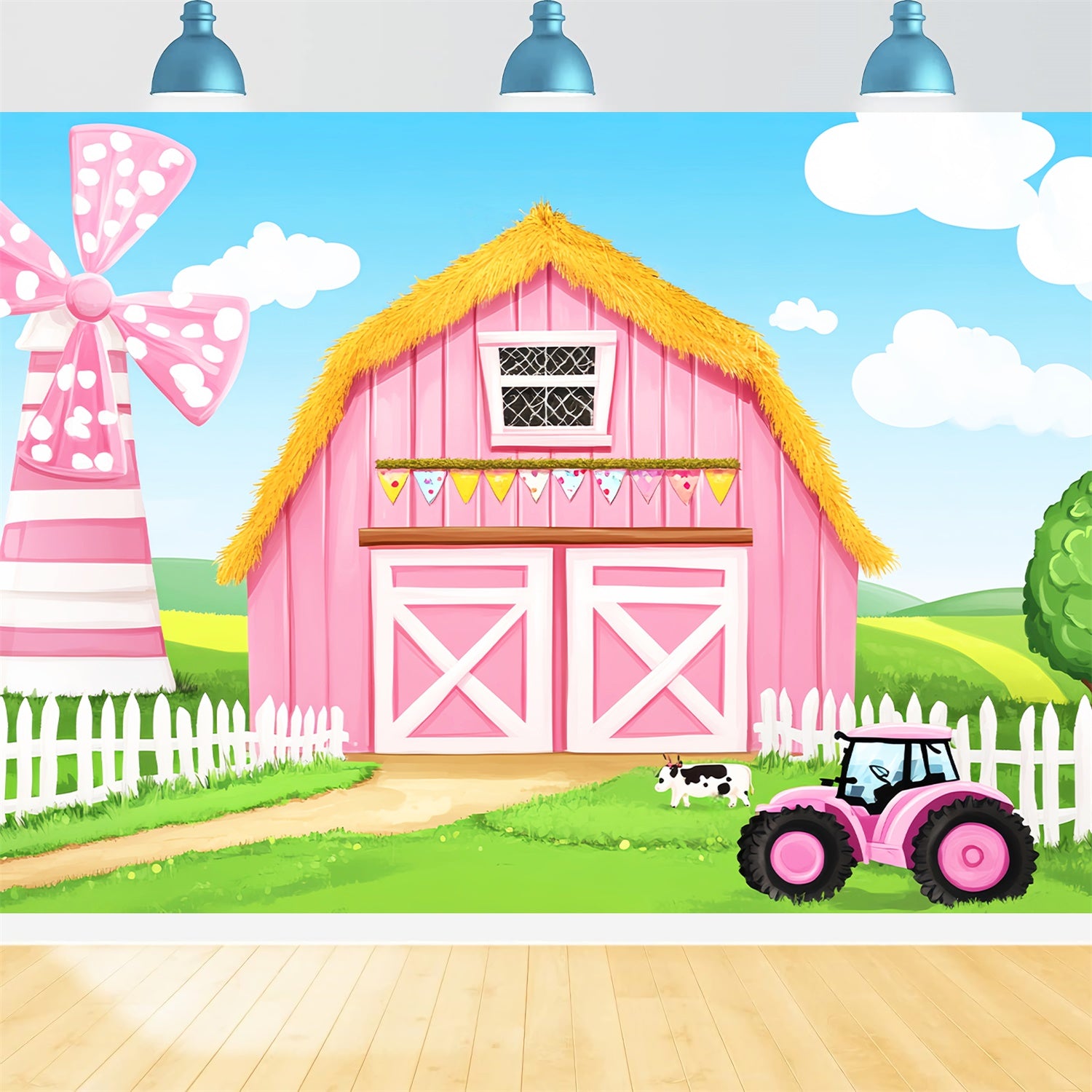 Pink Barn Backdrop Cartoon Farm Theme Backdrop LXX57-401