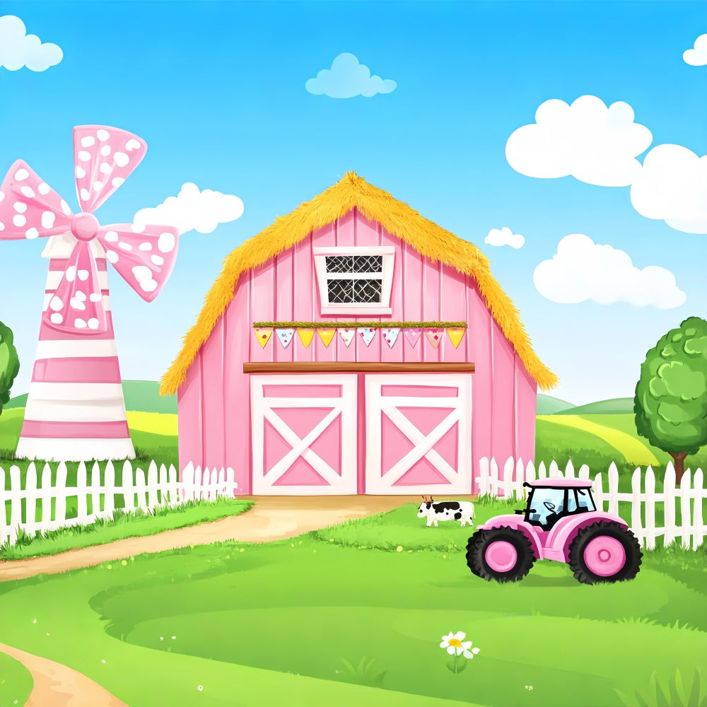 Pink Barn Backdrop Cartoon Farm Theme Backdrop LXX57-401