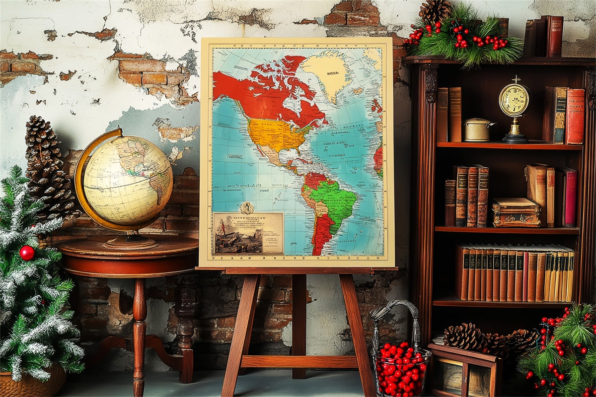 Back To School Photo Backdrop Rustic Map Globe Backdrop LXX57-52