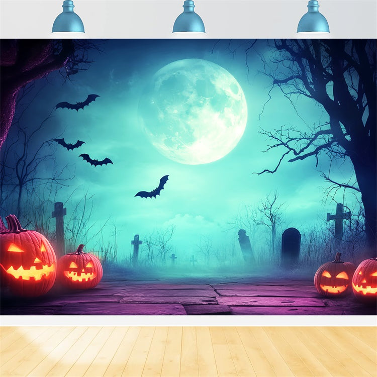 Halloween Graveyard Backdrop Eerie Moonlight Cemetery Backdrop LXX57-87