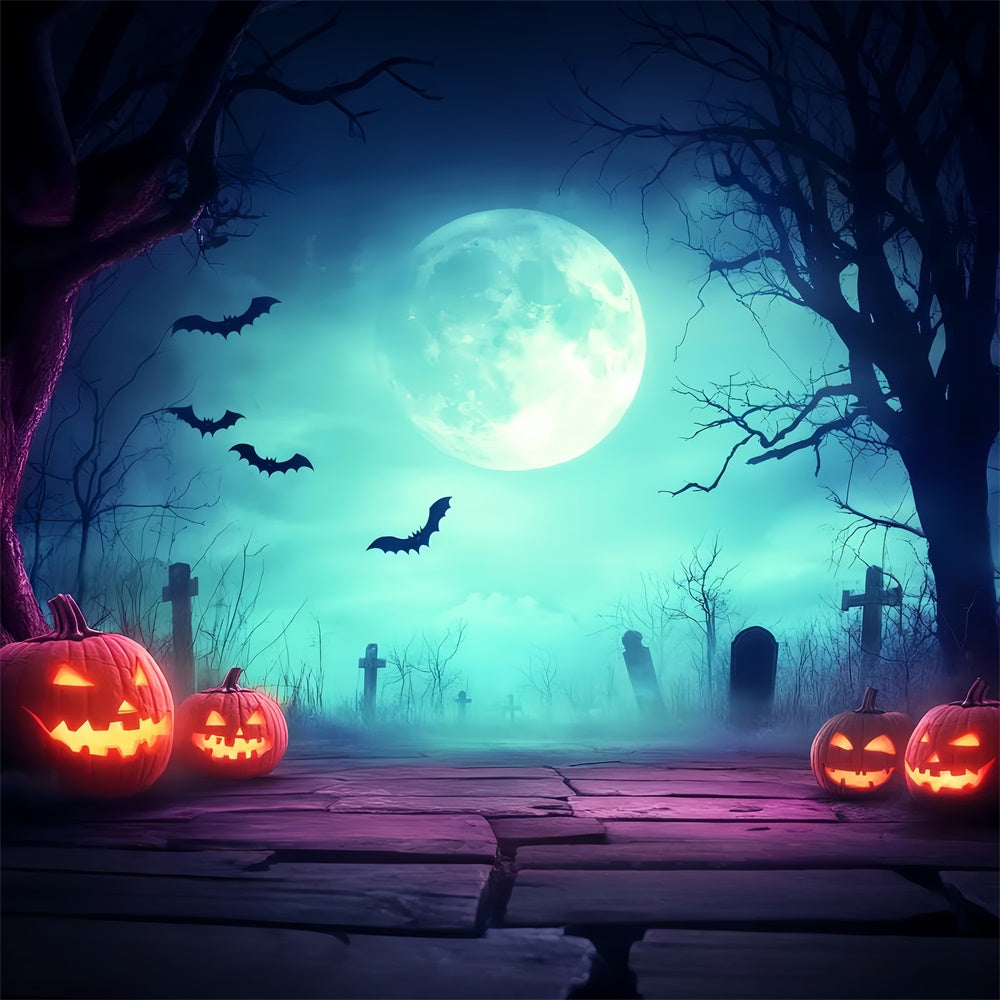 Halloween Graveyard Backdrop Eerie Moonlight Cemetery Backdrop LXX57-87