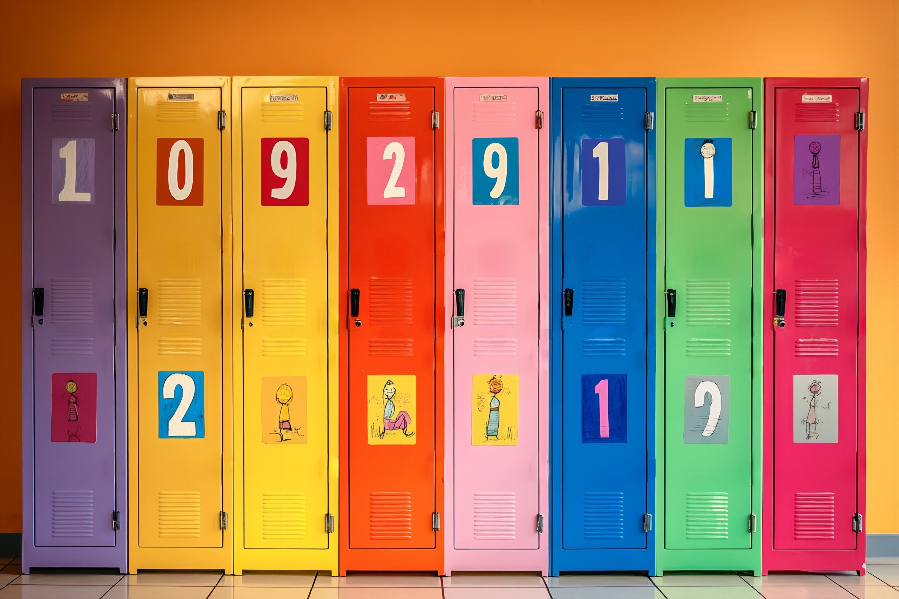 School Locker Backdrop Numbered Colorful Lockers Illustration Back To School Backdrop LXX58-111