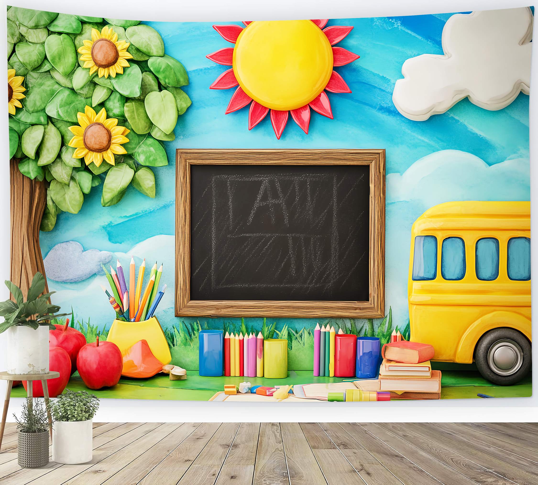 Preschool Backdrop Playful Blackboard Tree Bus Back To School Backdrop LXX58-121