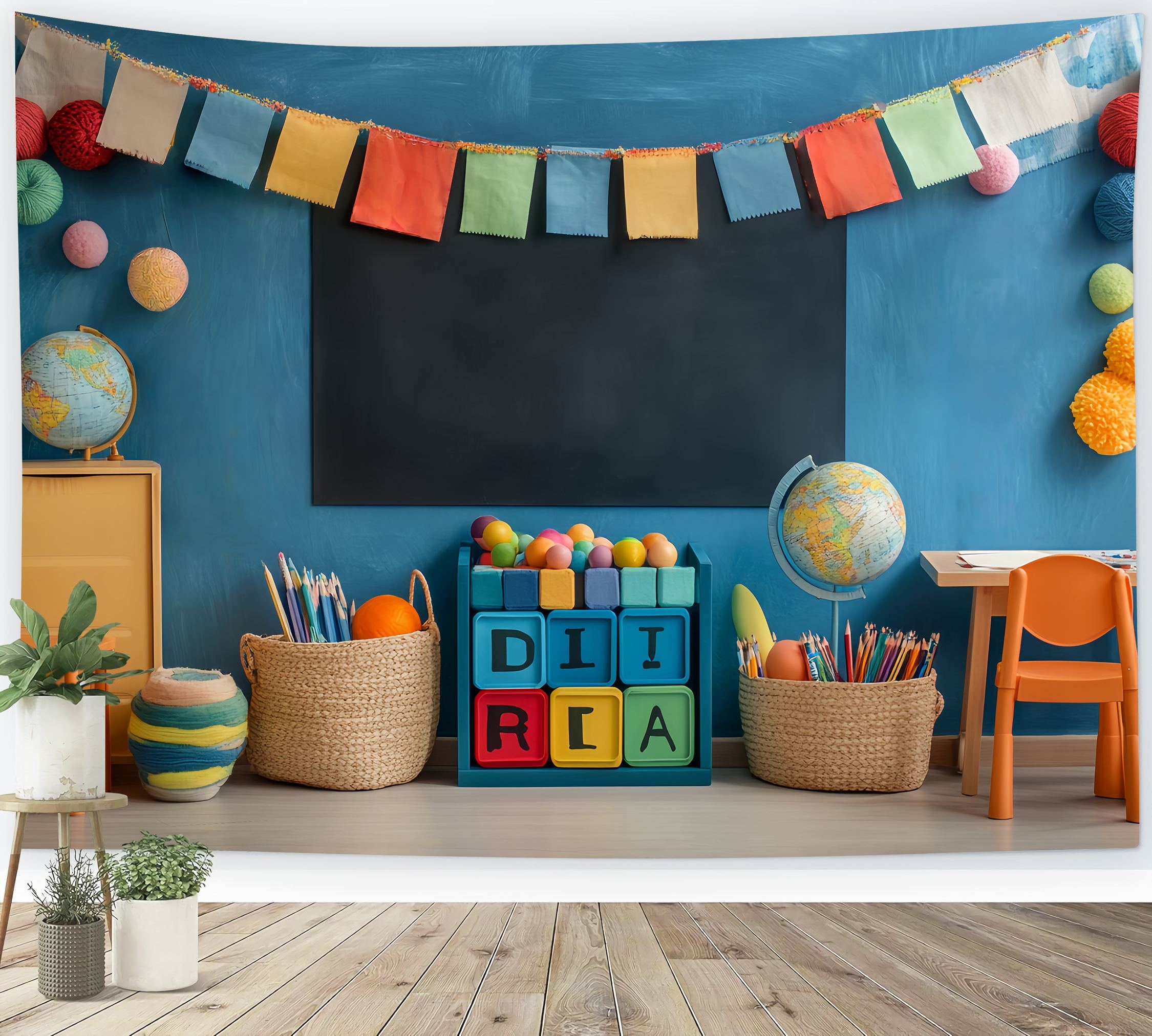School Classroom Backdrop Colorful Classroom Globes Baskets Stationery Back To School Photography Backdrops LXX58-124