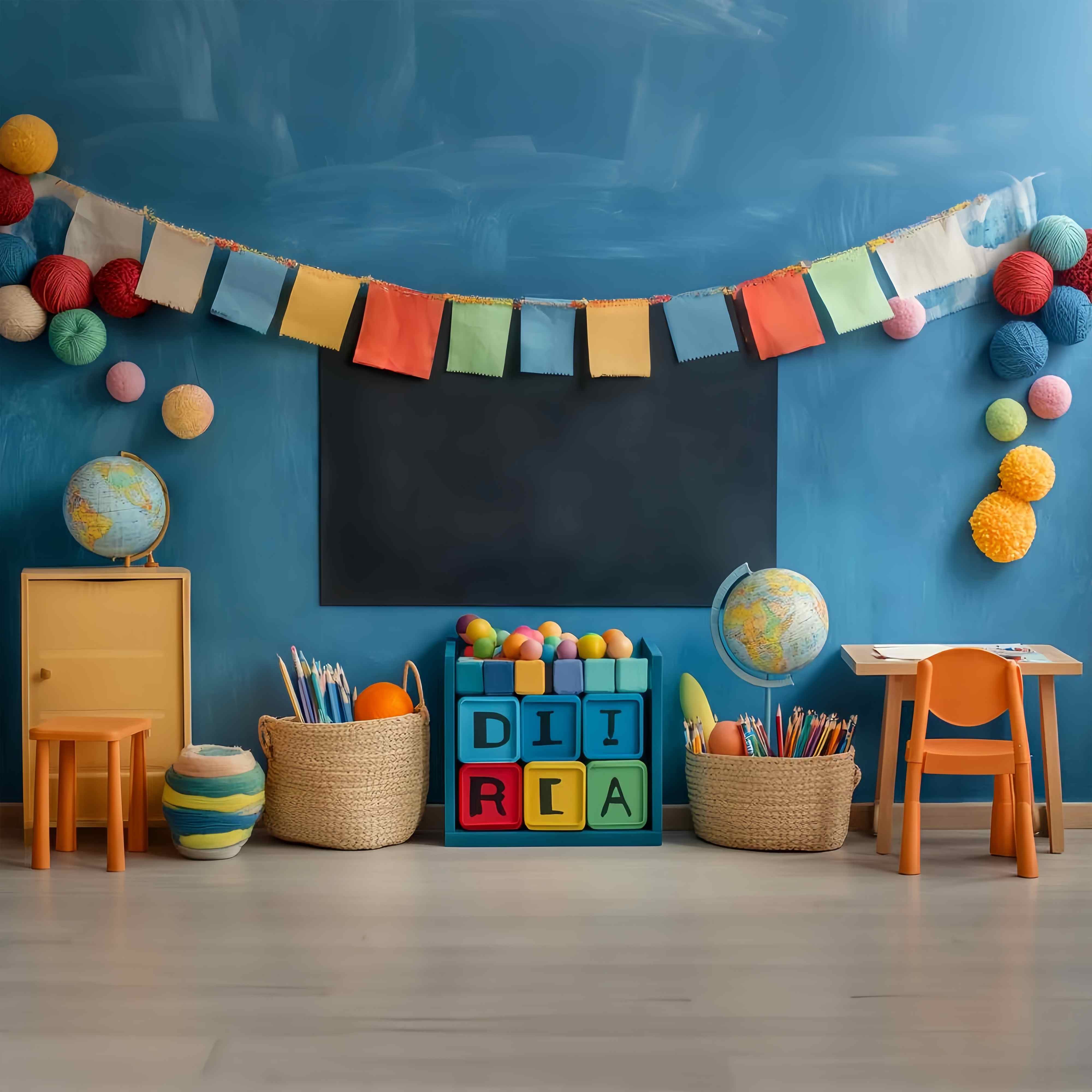 School Classroom Backdrop Colorful Classroom Globes Baskets Stationery Back To School Photography Backdrops LXX58-124