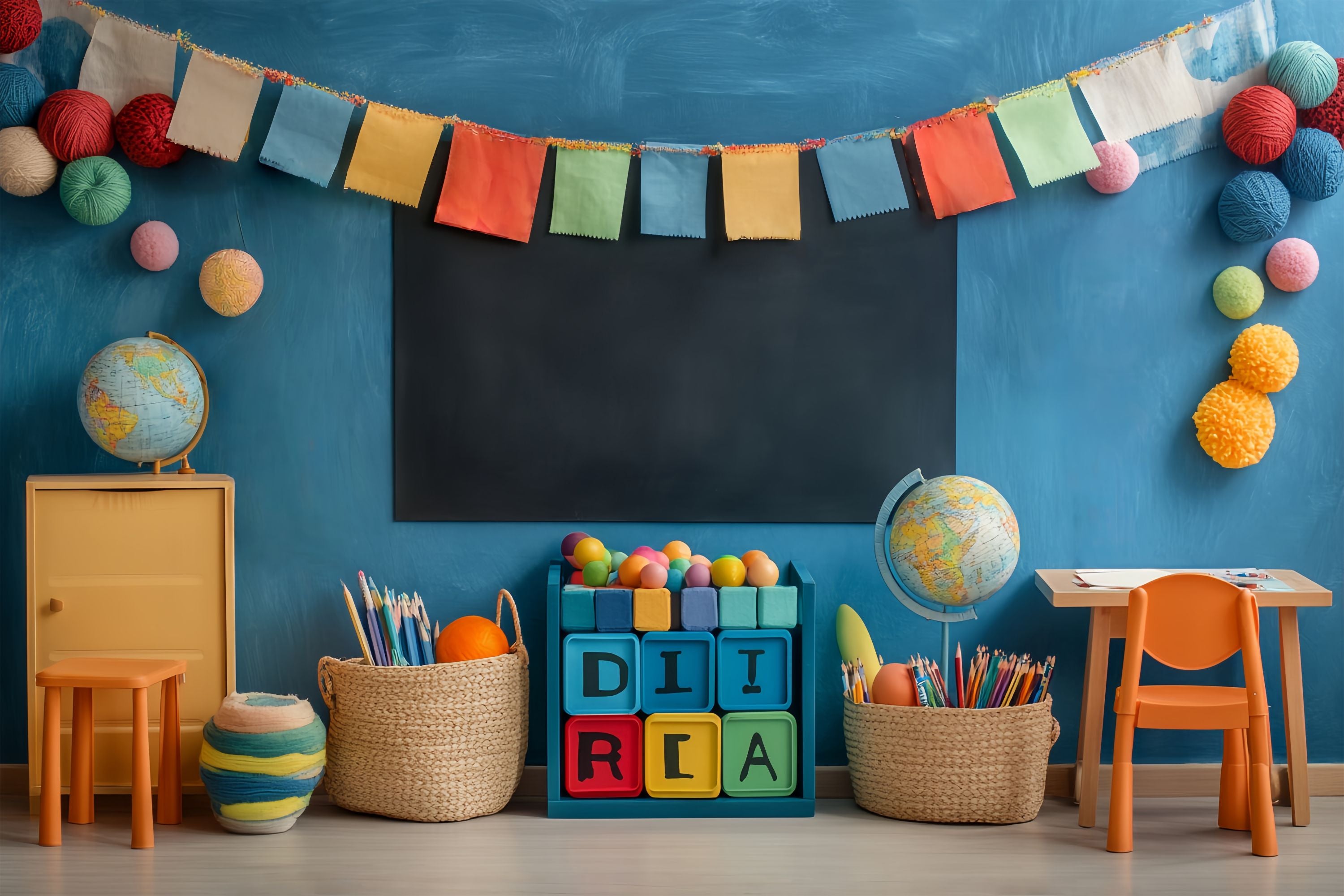 School Classroom Backdrop Colorful Classroom Globes Baskets Stationery Back To School Photography Backdrops LXX58-124