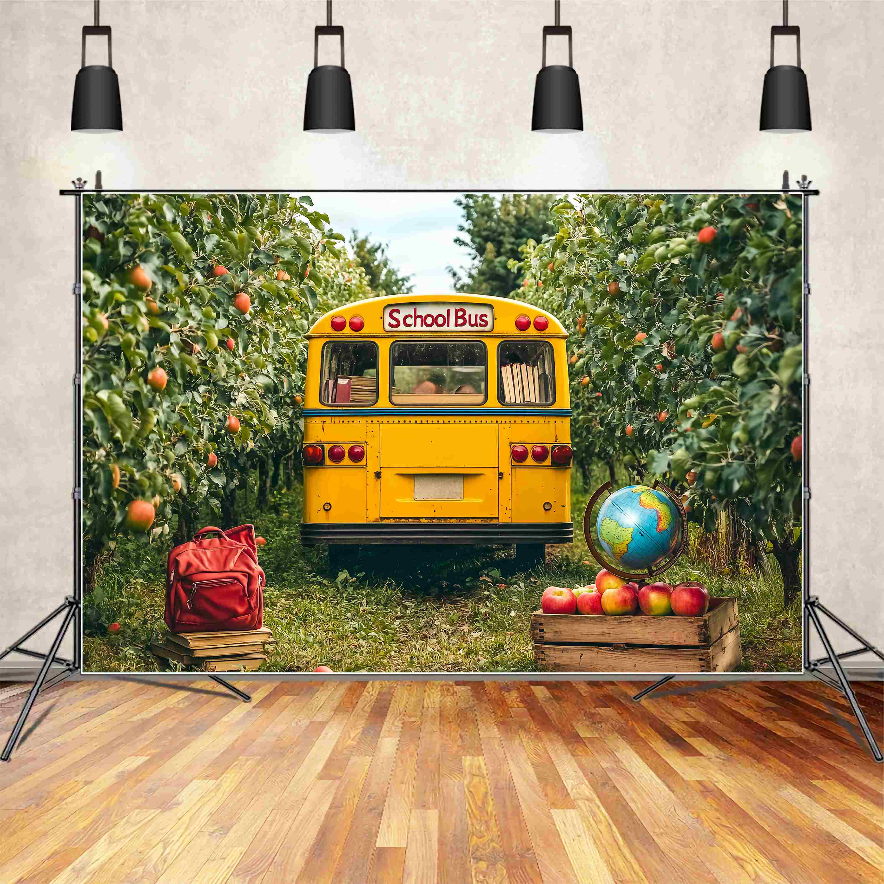 School Bus Backdrop Yellow School Bus Orchard Apples Globe Back To School Backdrop LXX58-126