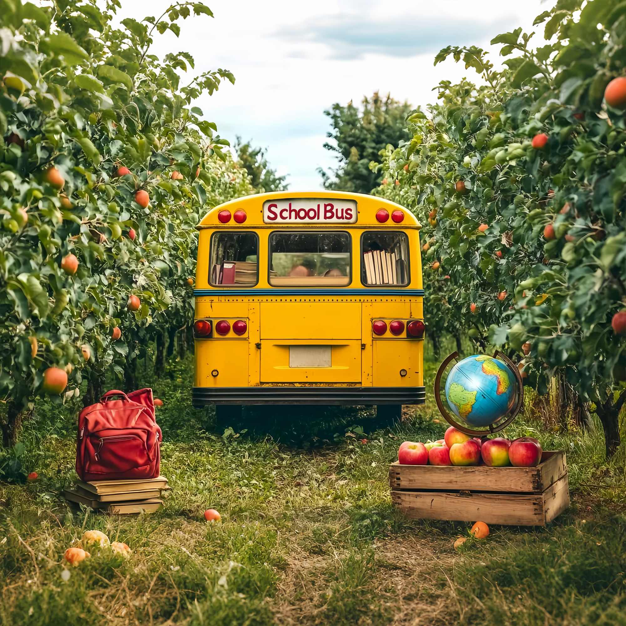 School Bus Backdrop Yellow School Bus Orchard Apples Globe Back To School Backdrop LXX58-126